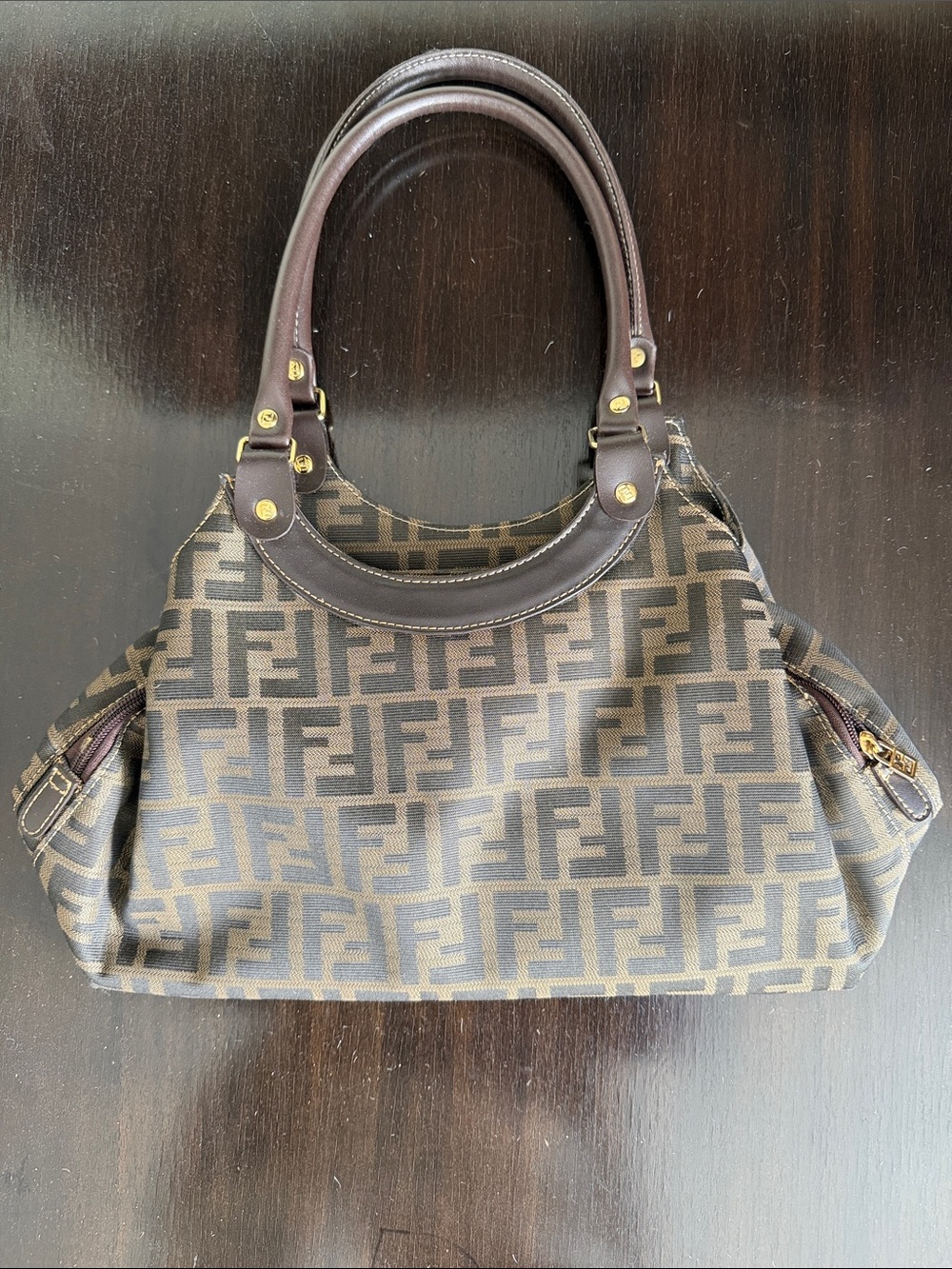 Fendi Brown Zucca Monogram Shoulder Bag with Dark Brown Leather Handles